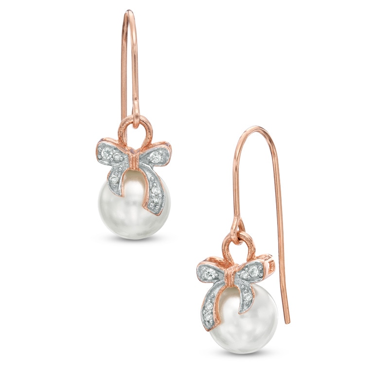 7.5-8.0mm Cultured Freshwater Pearl and Lab-Created White Sapphire Earrings in Sterling Silver with 18K Rose Gold Plate