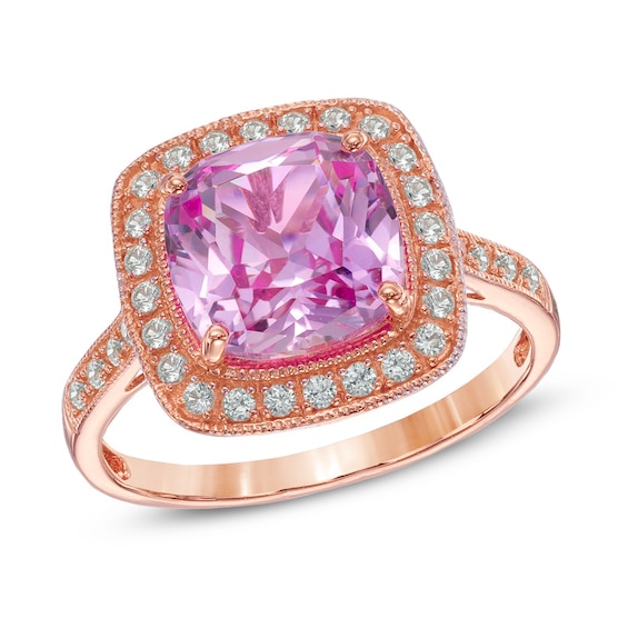 9.0mm Cushion-Cut Lab-Created Pink and White Sapphire Frame Ring in Sterling Silver with 14K Rose Gold Plate