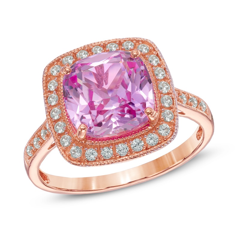 Main Image 1 of 9.0mm Cushion-Cut Lab-Created Pink and White Sapphire Frame Ring in Sterling Silver with 14K Rose Gold Plate