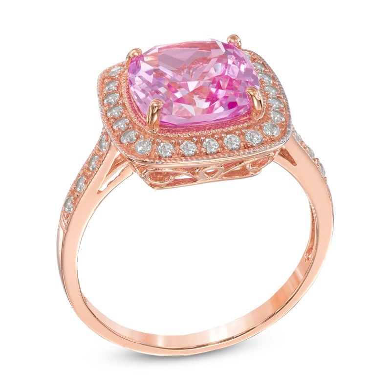 Main Image 2 of 9.0mm Cushion-Cut Lab-Created Pink and White Sapphire Frame Ring in Sterling Silver with 14K Rose Gold Plate