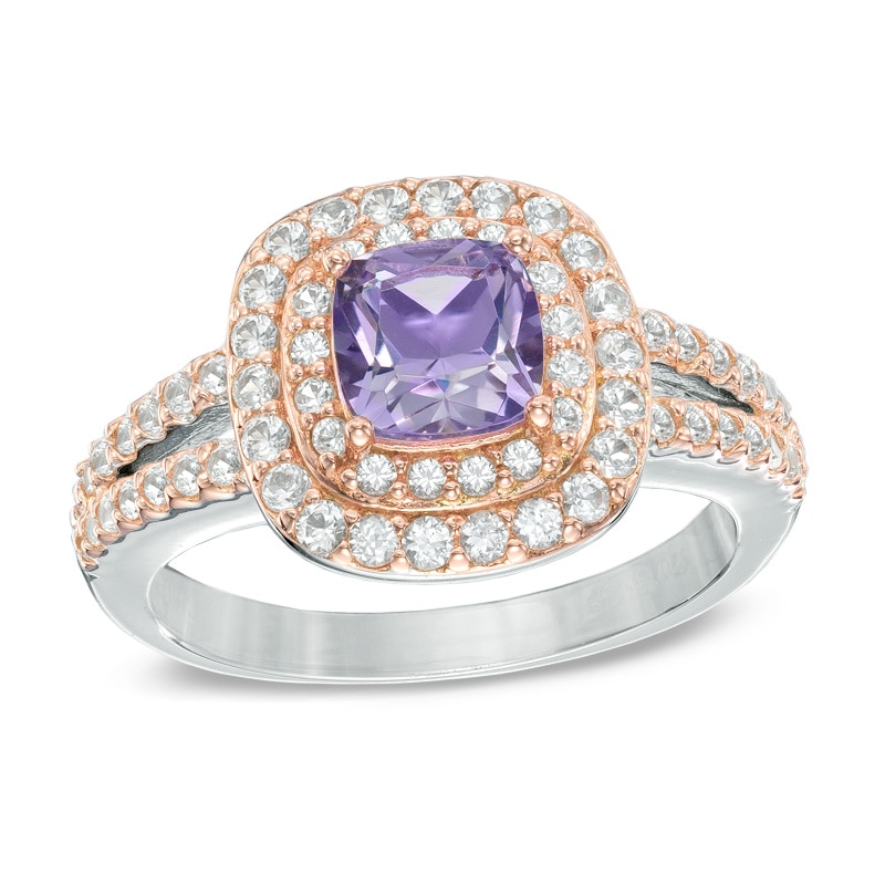 Main Image 1 of Rose de France Amethyst and Lab-Created White Sapphire Ring in Sterling Silver with 18K Rose Gold Plate