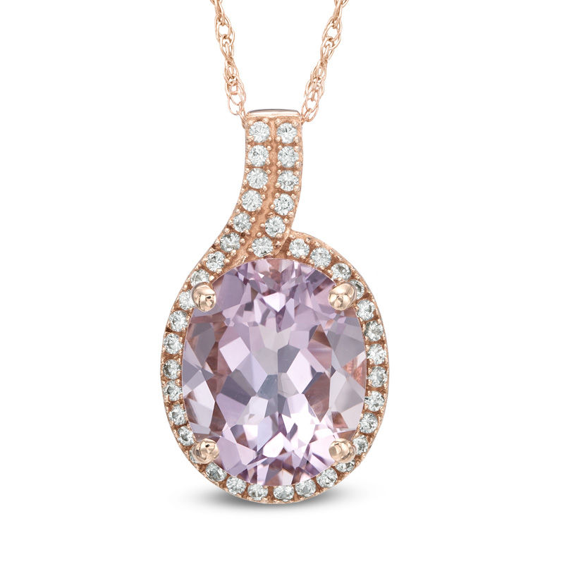 Main Image 1 of Oval Rose de France Amethyst and Lab-Created White Sapphire Pendant in 10K Rose Gold