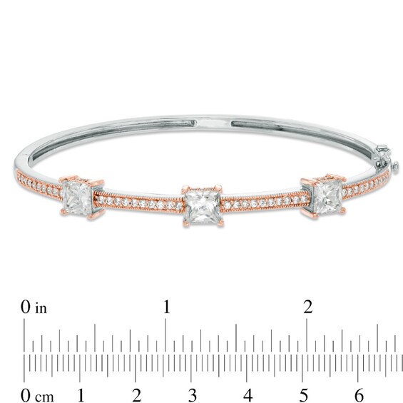 6.0mm Princess-Cut Lab-Created White Sapphire Three Stone Bangle in Sterling Silver with 18K Rose Gold Plate