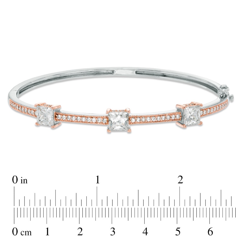 Main Image 2 of 6.0mm Princess-Cut Lab-Created White Sapphire Three Stone Bangle in Sterling Silver with 18K Rose Gold Plate