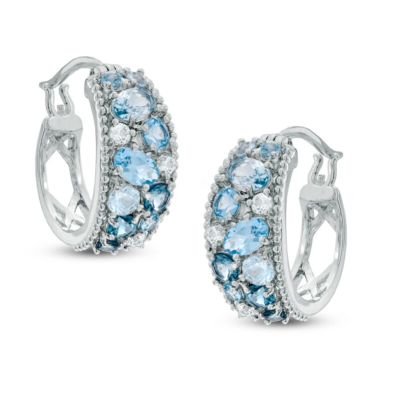 Main Image 1 of Multi-Shaped Blue and White Topaz Hoop Earrings Sterling Silver