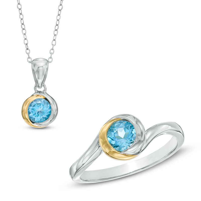 Main Image 1 of Swiss Blue Topaz Pendant and Ring Set in Sterling Silver with 18K Gold Plate - Size 7