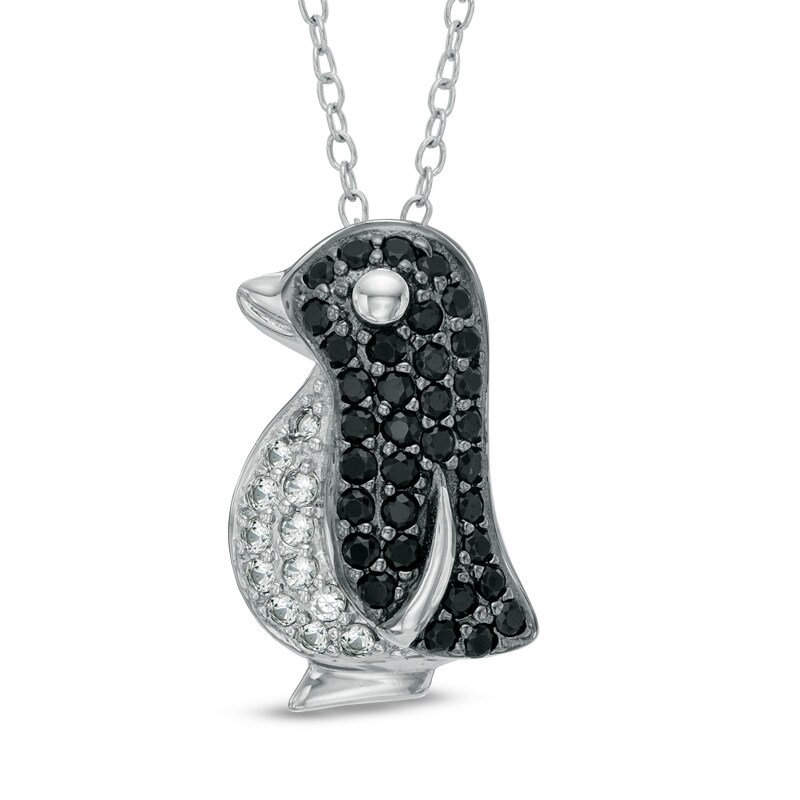 Main Image 1 of Black Spinel and Lab-Created White Sapphire Penguin Pendant in Sterling Silver