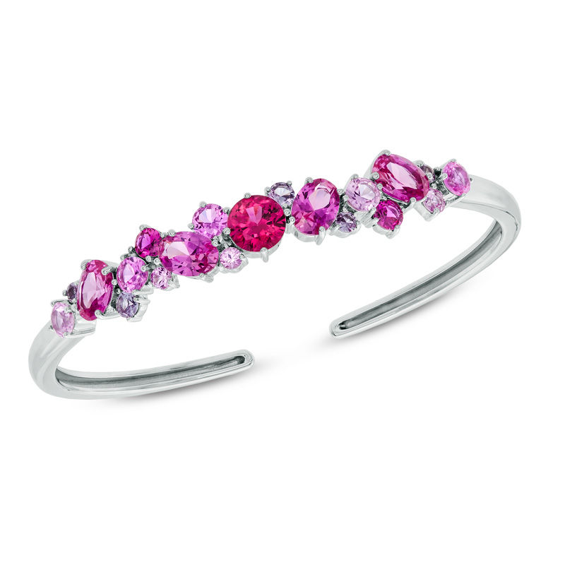 Main Image 1 of Lab-Created Ruby and Multi-Color Sapphire Cuff Bracelet in Sterling Silver