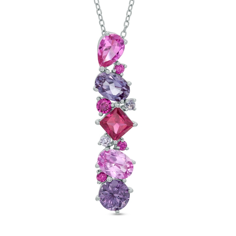 Main Image 1 of Lab-Created Ruby and Multi-Color Sapphire Linear Pendant in Sterling Silver