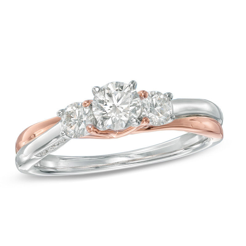 Main Image 1 of Celebration Ideal 3/4 CT. T.W. Certified Diamond Three Stone Engagement Ring in 14K Two-Tone Gold (J/I1)