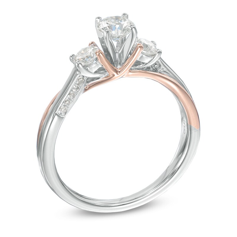 Main Image 2 of Celebration Ideal 3/4 CT. T.W. Certified Diamond Three Stone Engagement Ring in 14K Two-Tone Gold (J/I1)