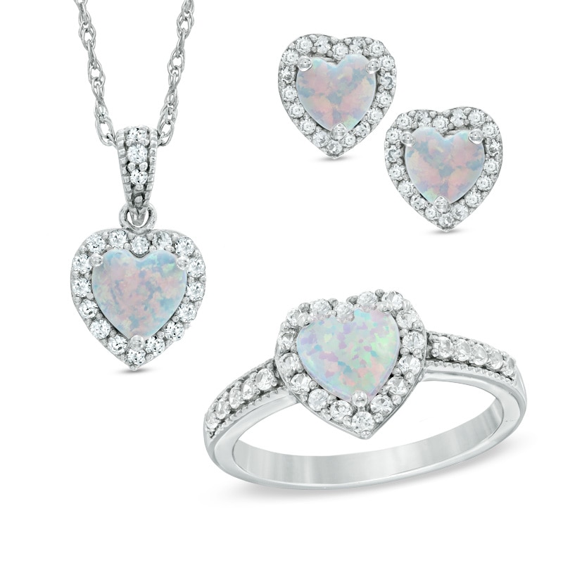 7.0mm Heart-Shaped Lab-Created Opal and White Sapphire Pendant, Ring and Stud Earrings Set in Sterling Silver - Size 7