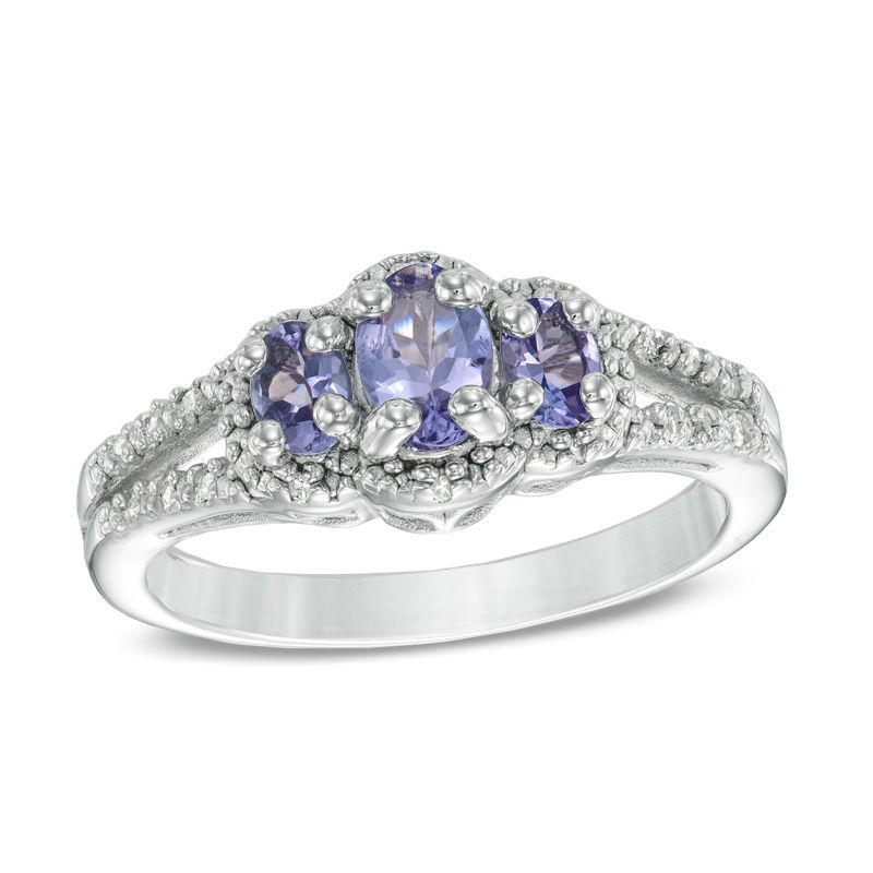 Main Image 1 of Oval Tanzanite and Diamond Accent Three Stone Frame Ring in Sterling Silver