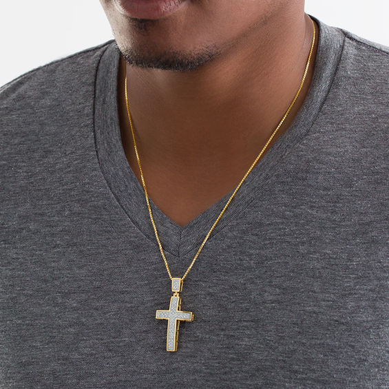 Men's 1/4 CT. T.w. Diamond Cross Pendant in Sterling Silver with 14K Gold Plate - 22"