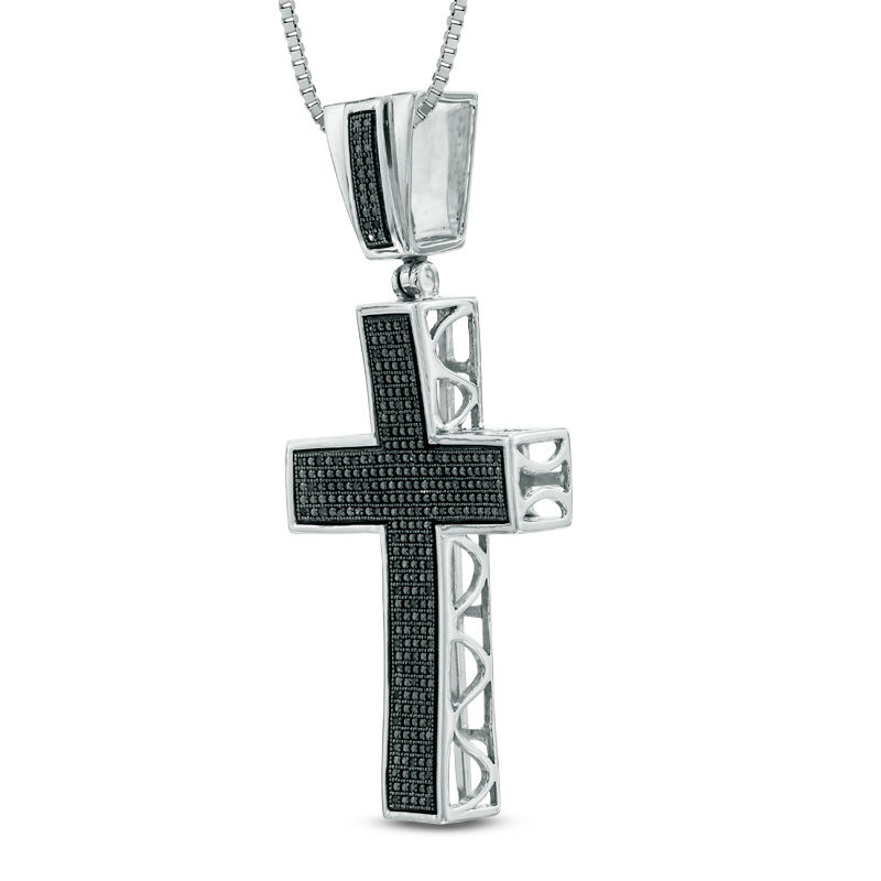 Main Image 2 of Men's 1/4 CT. T.W. Black Diamond Cross Pendant in Sterling Silver - 22"
