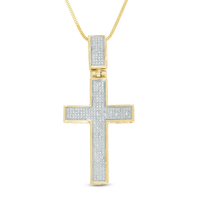 Men's 1/10 CT. T.W. Diamond Cross Pendant in Sterling Silver with 14K ...