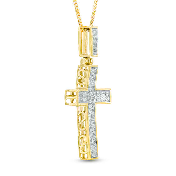 Men's 1/10 CT. T.w. Diamond Cross Pendant in Sterling Silver with 14K Gold Plate - 22"