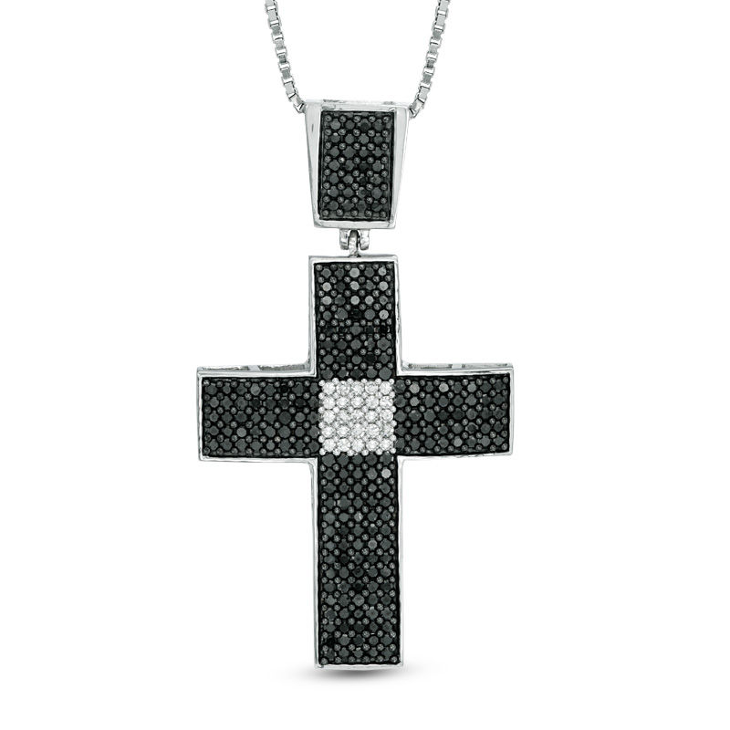 Main Image 1 of Men's 2-1/4 CT. T.W. Enhanced Black and White Diamond Cross Pendant in Sterling Silver - 22"