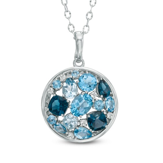 Multi-Shaped Blue and White Topaz Circle Pendant in Sterling Silver