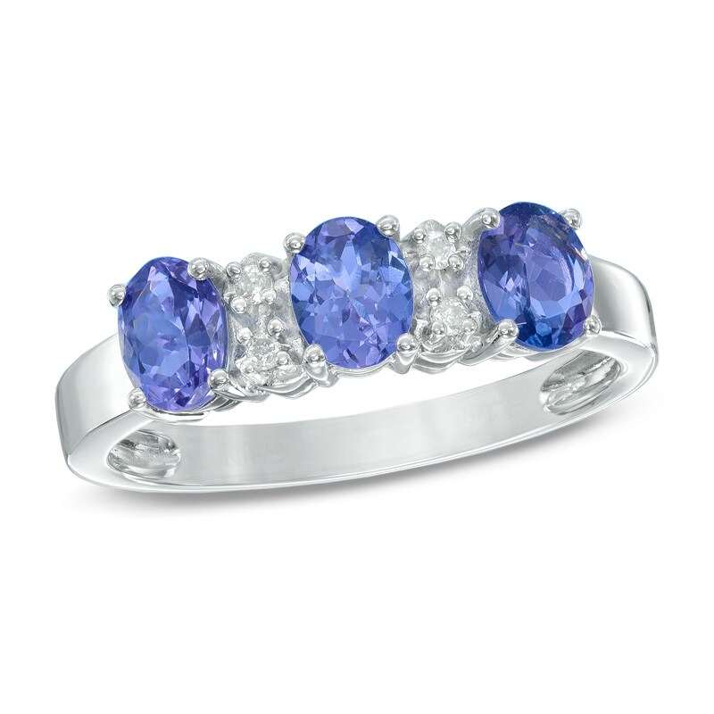 Main Image 1 of Oval Tanzanite and Diamond Accent Three Stone Ring in 10K White Gold