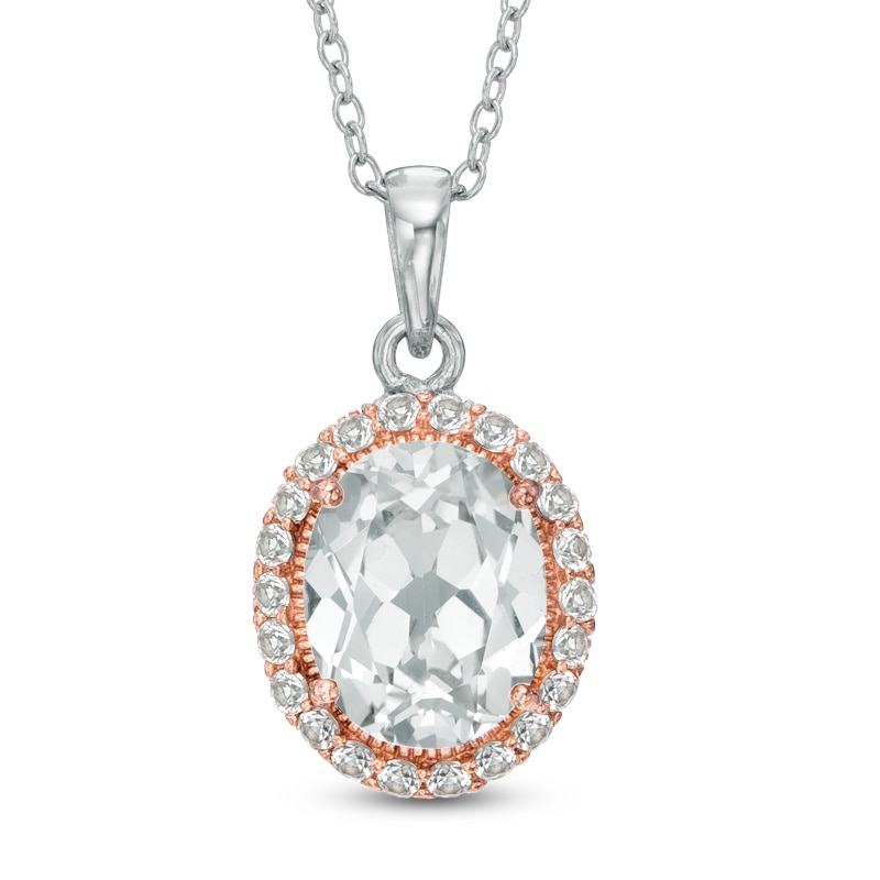 Main Image 1 of Oval Lab-Created White Sapphire Frame Pendant in Sterling Silver and 18K Rose Gold Plate