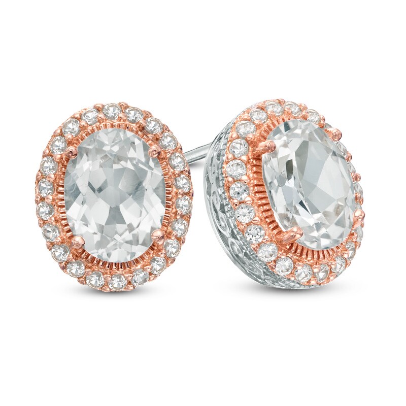 Main Image 1 of Oval Lab-Created White Sapphire Frame Stud Earrings in Sterling Silver and 18K Rose Gold Plate