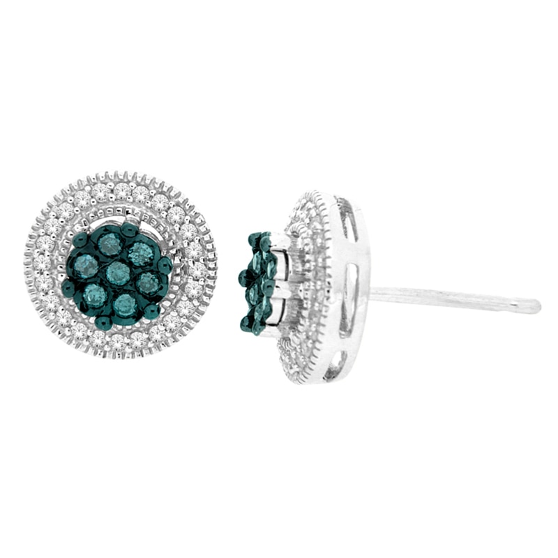 Main Image 1 of 1/4 CT. T.W. Enhanced Blue and White Diamond Cluster Stud Earrings in Sterling Silver