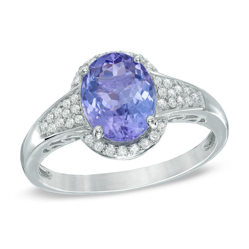 Main Image 1 of Oval Tanzanite and 1/8 CT. T.W. Diamond Frame Ring in 10K White Gold