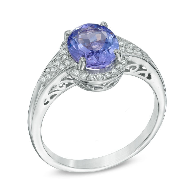 Main Image 2 of Oval Tanzanite and 1/8 CT. T.W. Diamond Frame Ring in 10K White Gold