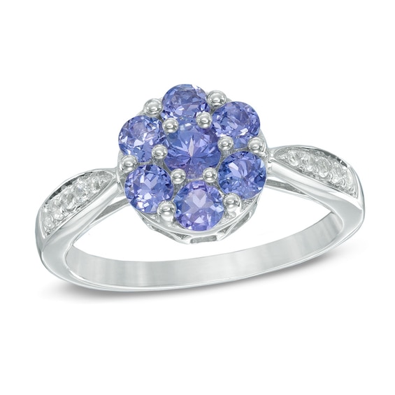 Tanzanite and White Topaz Flower Ring in Sterling Silver