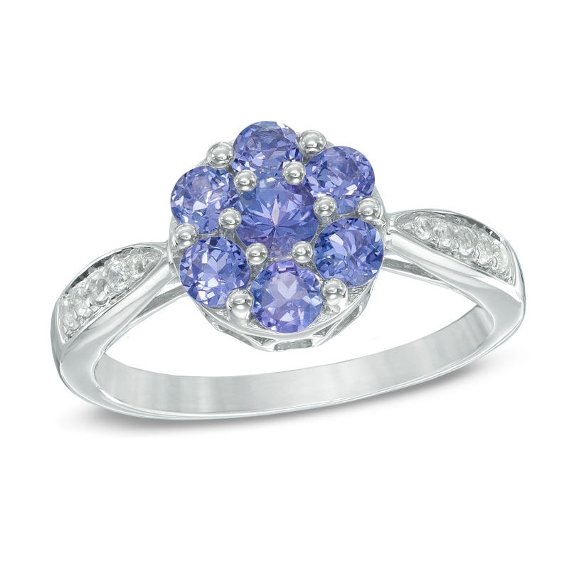 Main Image 1 of Tanzanite and White Topaz Flower Ring in Sterling Silver
