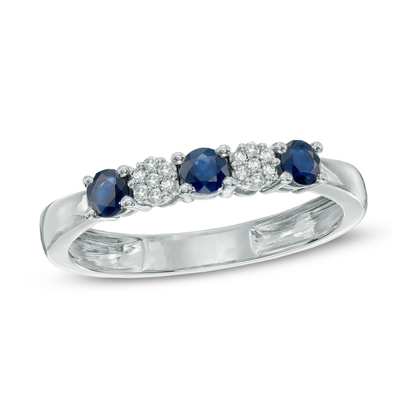 Blue Sapphire and Diamond Accent Three Stone Ring in 10K White Gold