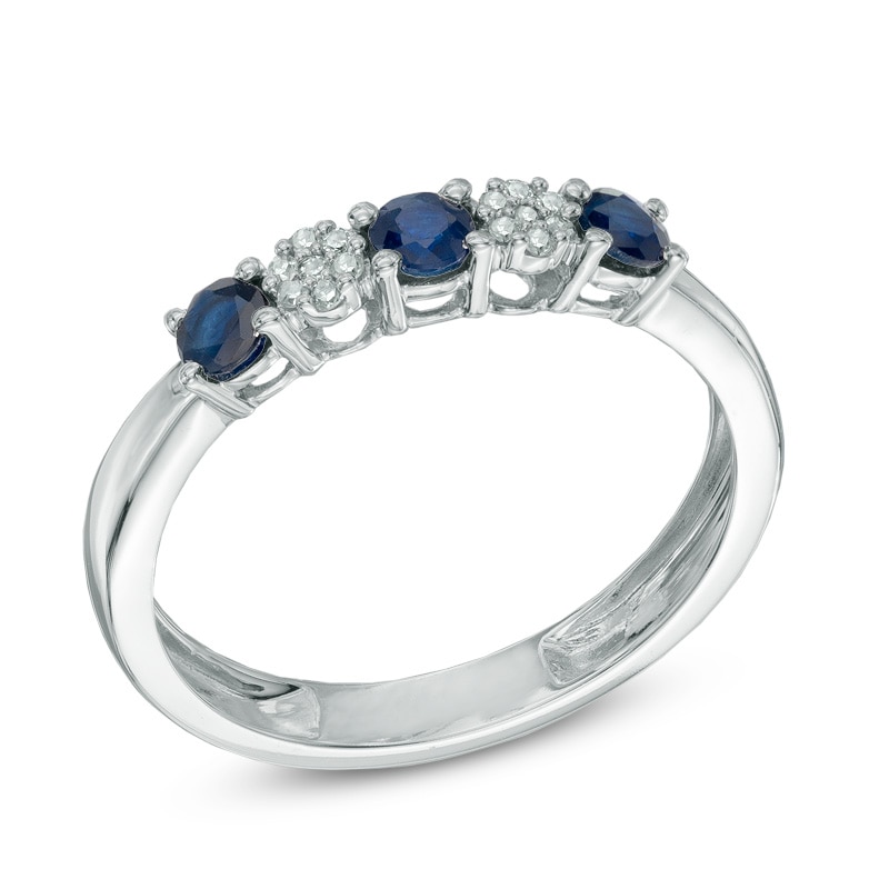 Main Image 2 of Blue Sapphire and Diamond Accent Three Stone Ring in 10K White Gold