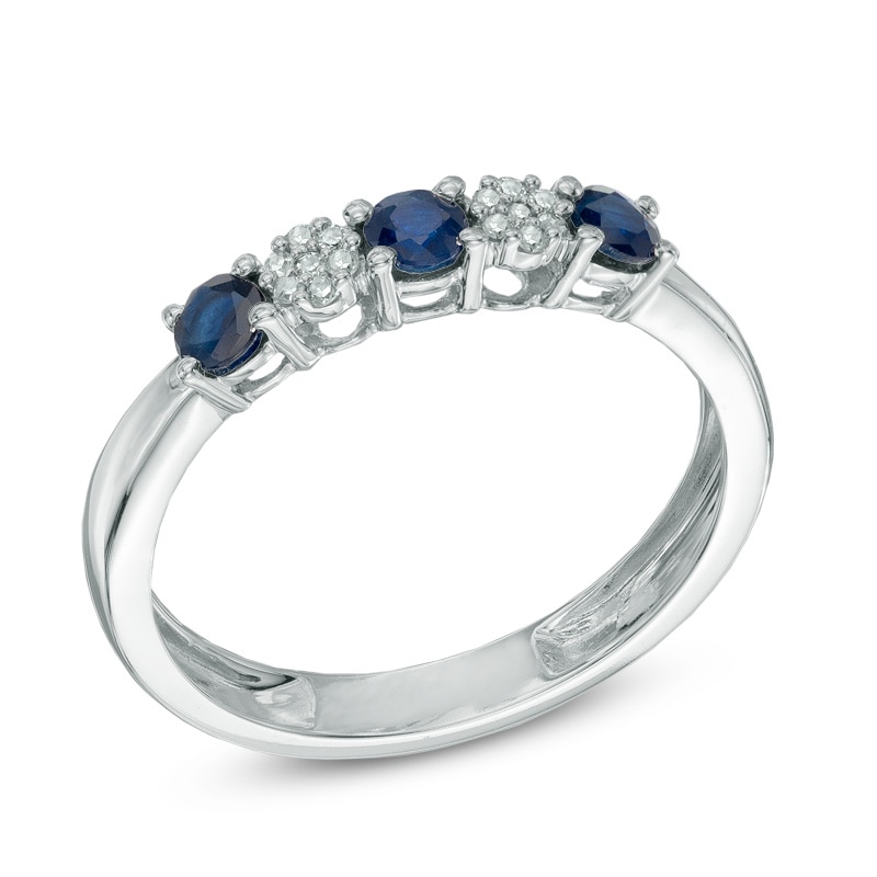 Blue Sapphire and Diamond Accent Three Stone Ring in 10K White Gold