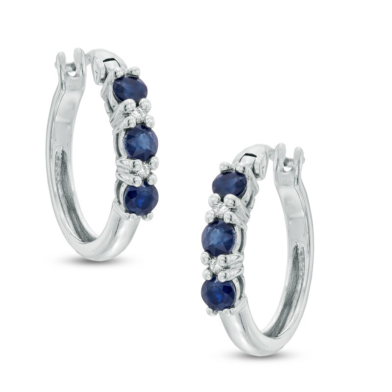 Main Image 1 of Blue Sapphire and Diamond Accent Hoop Earrings in 10K White Gold