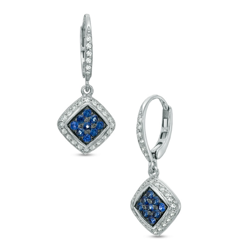 Main Image 1 of Blue Sapphire and 1/8 CT. T.W. Diamond Drop Earrings in 10K White Gold