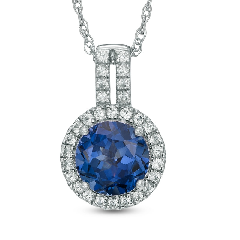 Main Image 1 of 8.0mm Lab-Created Blue and White Sapphire Frame Pendant in Sterling Silver