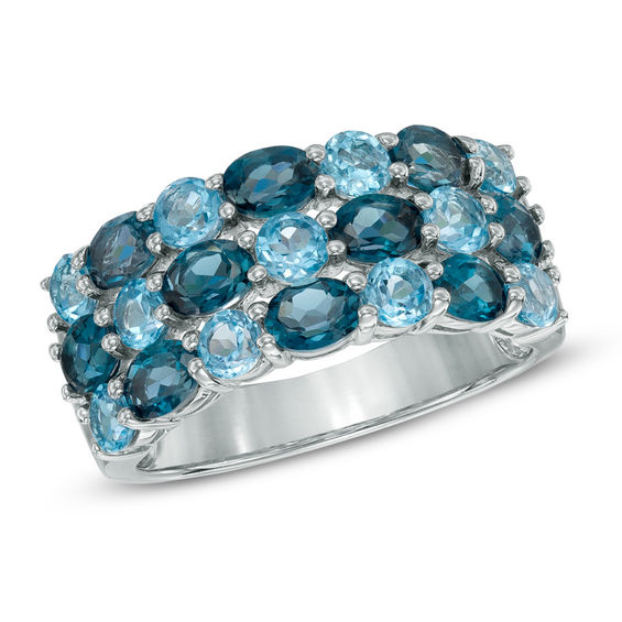 Oval and Round Blue Topaz Three Row Ring in Sterling Silver