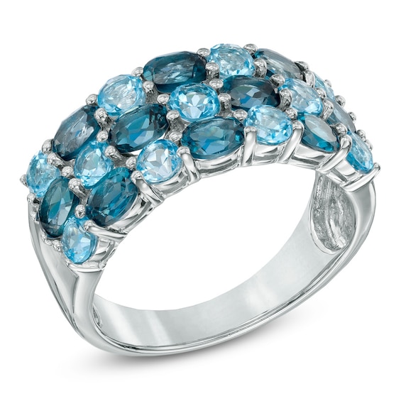 Oval and Round Blue Topaz Three Row Ring in Sterling Silver