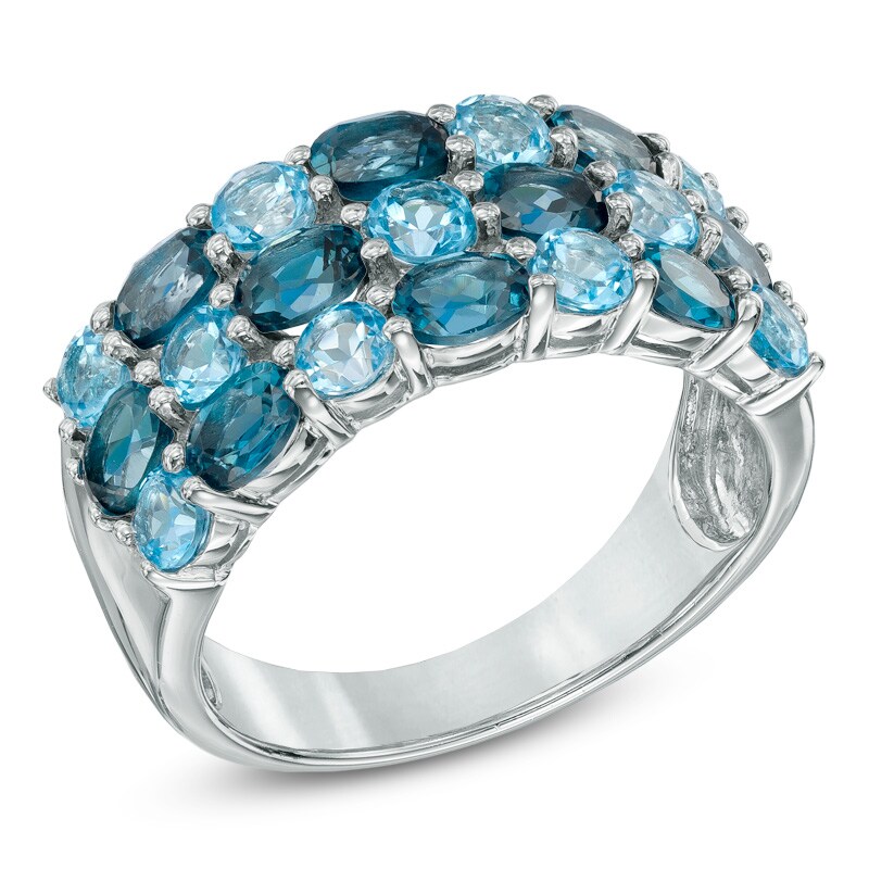 Main Image 2 of Oval and Round Blue Topaz Three Row Ring in Sterling Silver