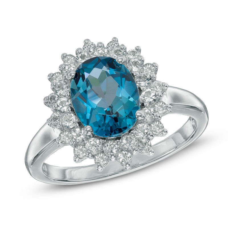 Main Image 1 of Oval London Blue and White Topaz Frame Ring in Sterling Silver
