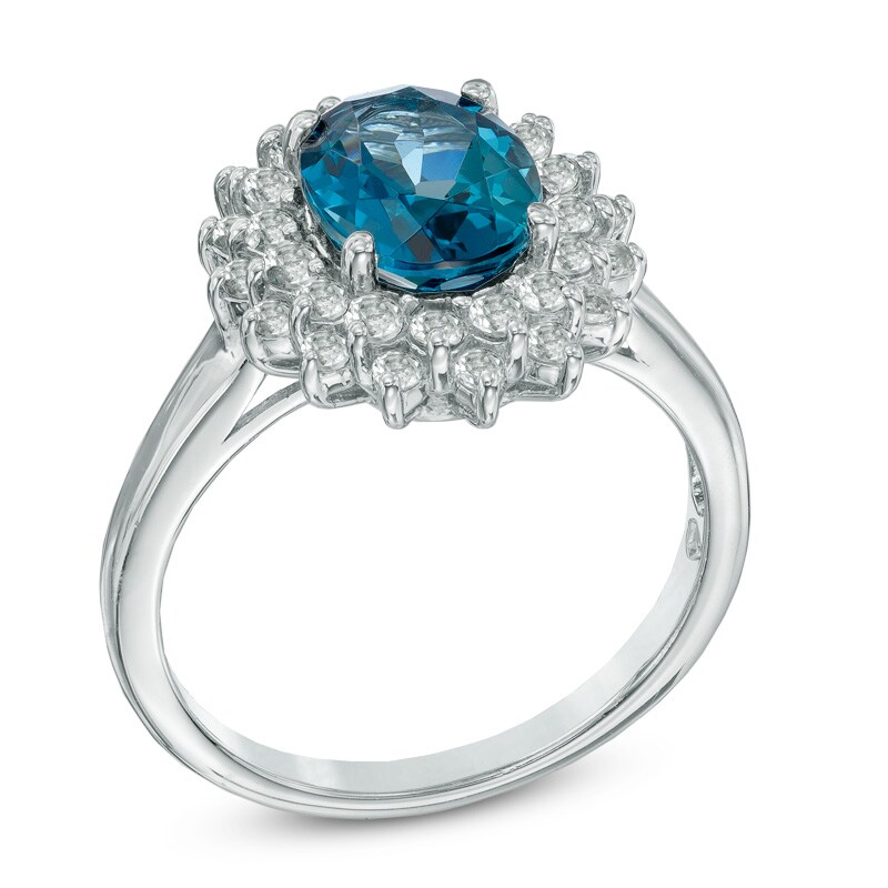 Main Image 2 of Oval London Blue and White Topaz Frame Ring in Sterling Silver