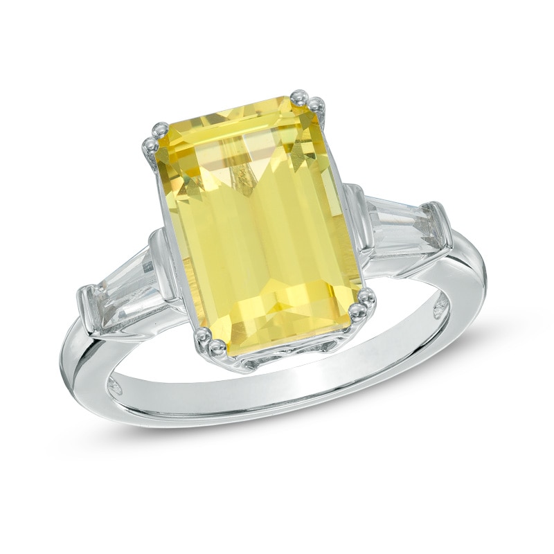Main Image 1 of Emerald-Cut Lab-Created Yellow and White Sapphire Ring in Sterling Silver