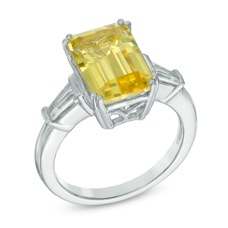 Main Image 2 of Emerald-Cut Lab-Created Yellow and White Sapphire Ring in Sterling Silver