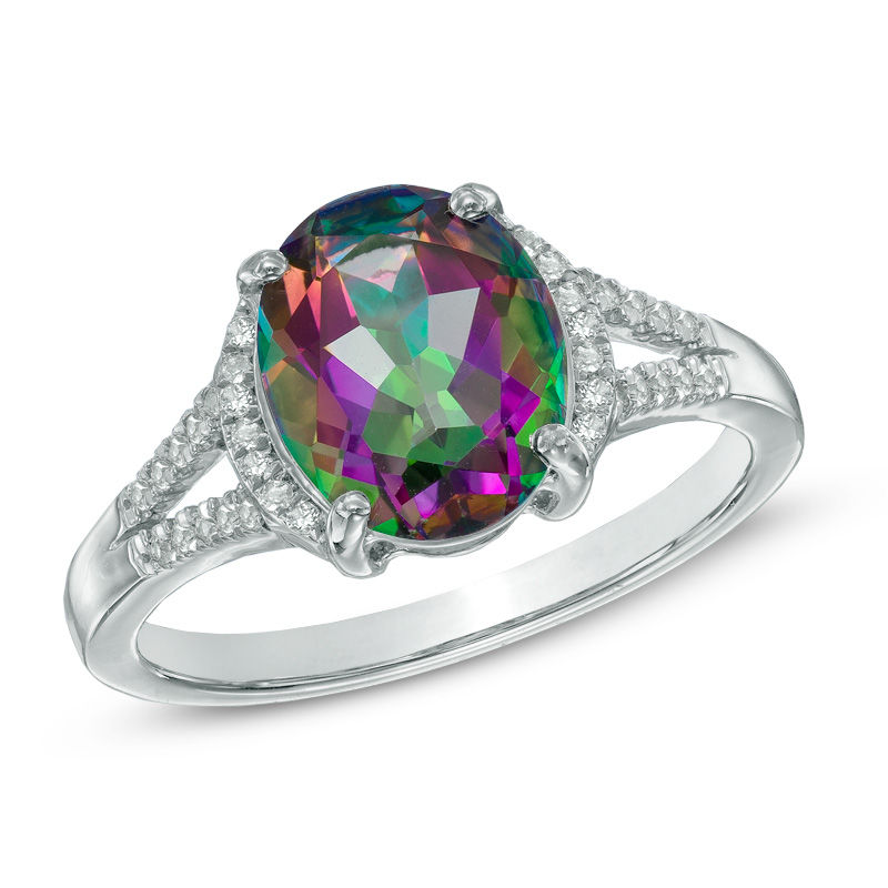Main Image 1 of Oval Mystic Fire® Topaz and Lab-Created White Sapphire Ring in Sterling Silver