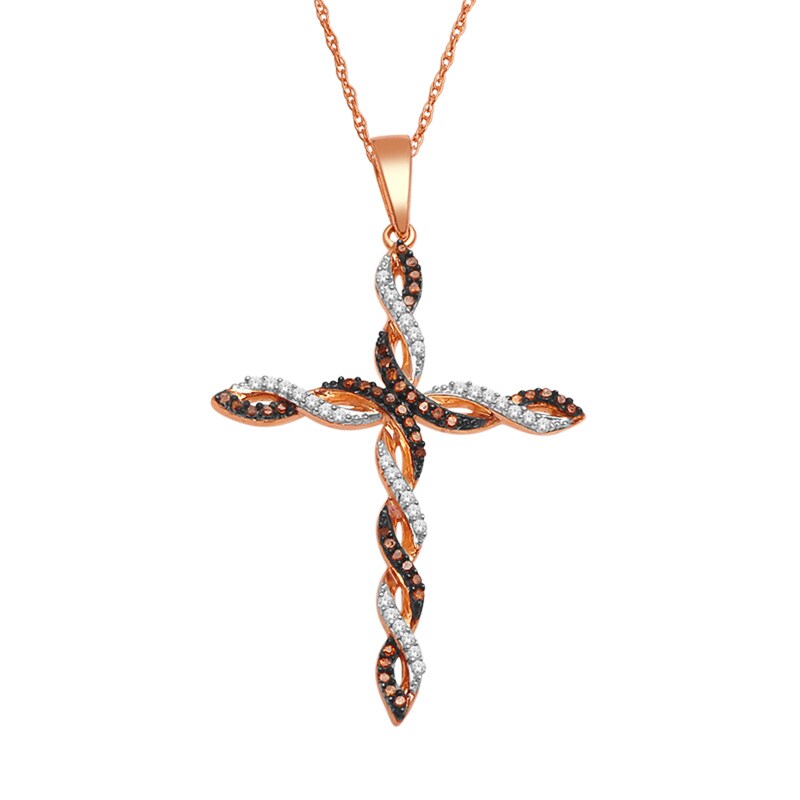 Main Image 1 of 1/6 CT. T.W. Enhanced Cognac and White Diamond Twisting Cross Pendant in 10K Rose Gold