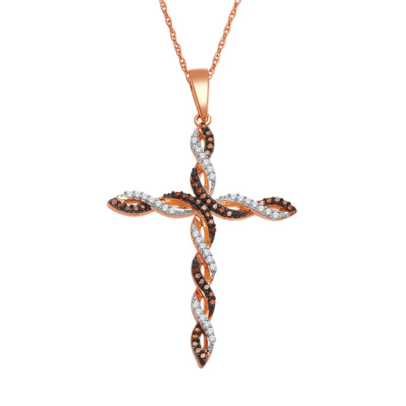 1/6 CT. T.W. Enhanced Cognac and White Diamond Twisting Cross Pendant in 10K Rose Gold