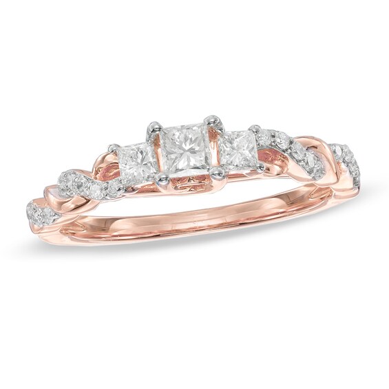 1/2 CT. T.w. Princess-Cut Diamond Past Present Future® Twist Engagement Ring in 14K Rose Gold