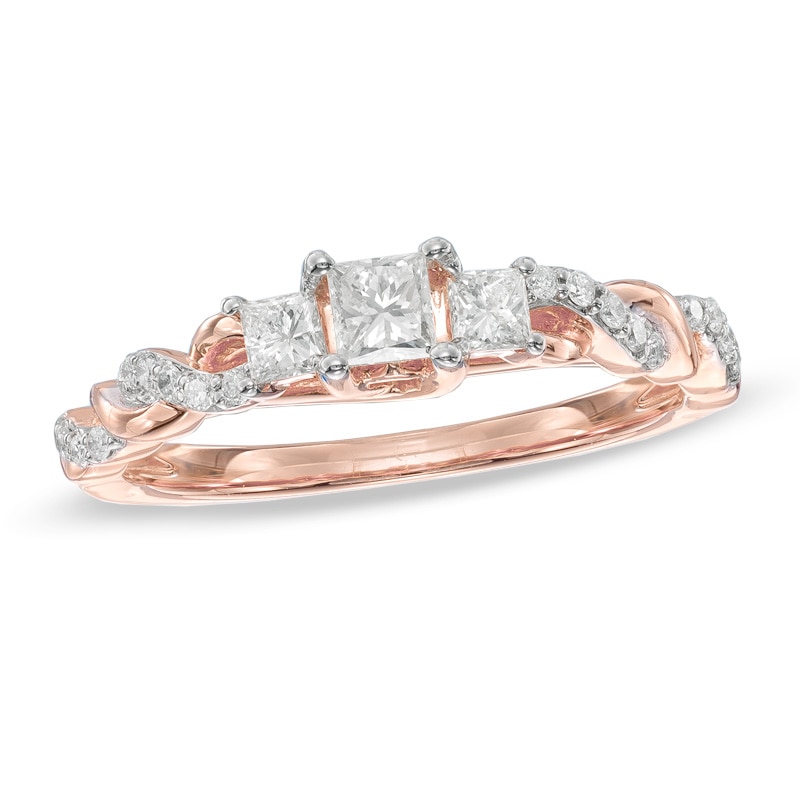Main Image 1 of 1/2 CT. T.W. Princess-Cut Diamond Past Present Future® Twist Engagement Ring in 14K Rose Gold