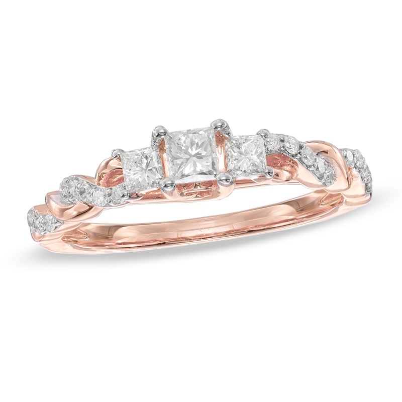 1/2 CT. T.W. Princess-Cut Diamond Past Present Future® Twist Engagement Ring in 14K Rose Gold